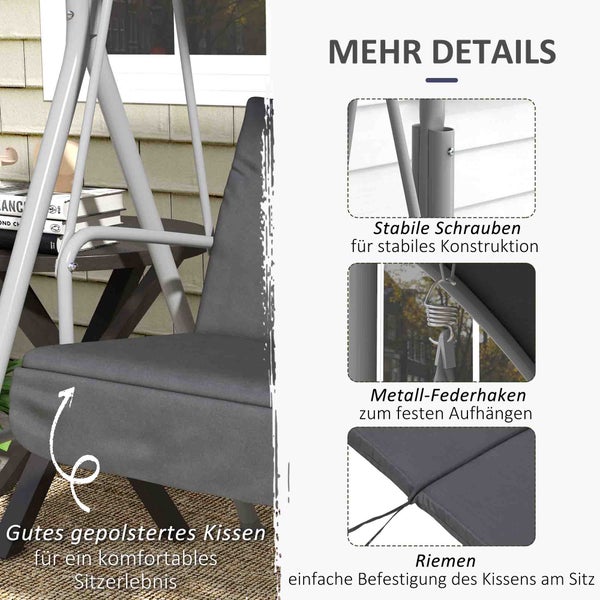 Outsunny Hollywoodschaukel 2-Sitzer Schaukelbank mit Baldachin, Tasche, Gartenschaukel mit Tablett, bis 180 kg Belastbar, für Garten, Balkon, Schwarz