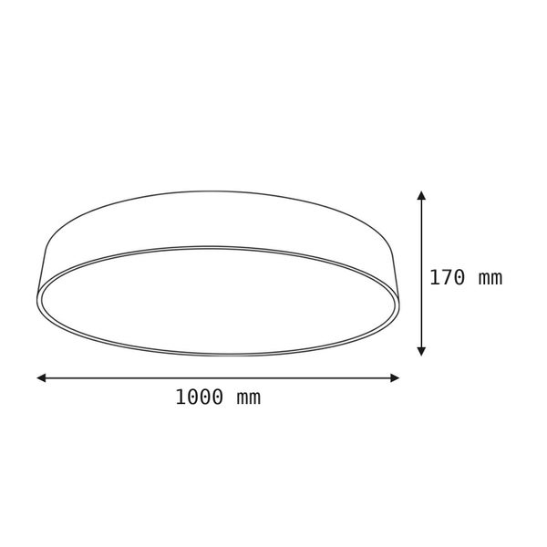 Technische Zeichnung einer runden Deckenleuchte mit einer Hohe von 170 Millimetern und einem Durchmesser von 1000 Millimetern.