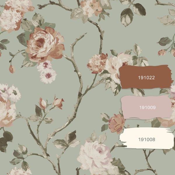 Tapete mit floralem Muster und Farbbezeichnungen