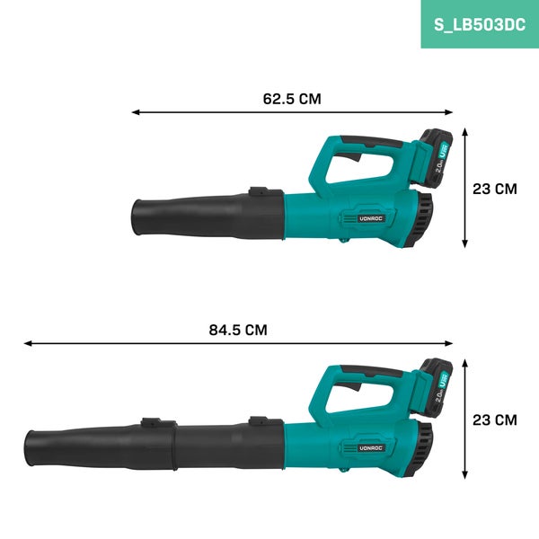 VONROC Akku-Laubbläser 20V – Axiale Bauweise – Luftgeschwindigkeit 129 km/h – Luftvolumen 7 m³/min – inkl. 2.0Ah Akku und Ladegerät