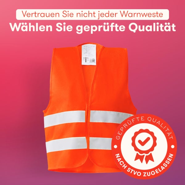 Warnweste in Orange mit zwei Reflexstreifen und Qualitätssiegel für geprüfte Qualität nach Straßenverkehrsordnung.