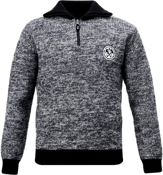 Troyer-Strickpullover für Dachdecker mit Reißverschluss am Kragen und Zunft-Aufnäher auf der Brust.
