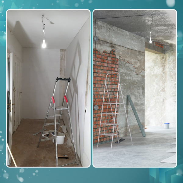 Vorher-Nachher-Vergleich eines renovierten Raumes mit Leiter
