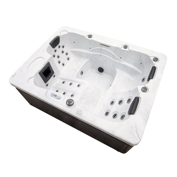 Home Deluxe - Outdoor Whirlpool - White Marble Plus Treppe und Thermoabdeckung - Maße 210 x 160 x 85 cm - Inkl. Heizung, 27 Massagedüsen und 9 Lichtquellen I Außen Whirlpool Spa für 3 Personen