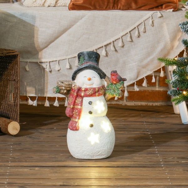 HOMCOM Weihnachtsdeko Figur, Schneemann mit Schals, Hüte und Vögel, 38 cm Weihnachtsfigur mit LED-Licht, Dekofigur zu Weihnachten, für In- und Outdoor