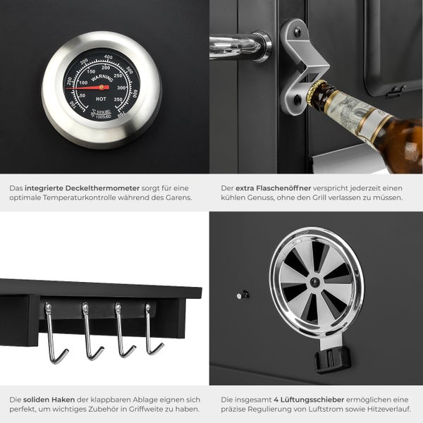 Detailansicht eines Grills mit Deckelthermometer, Flaschenöffner, Haken und Lüftungsschieber zur Temperaturkontrolle