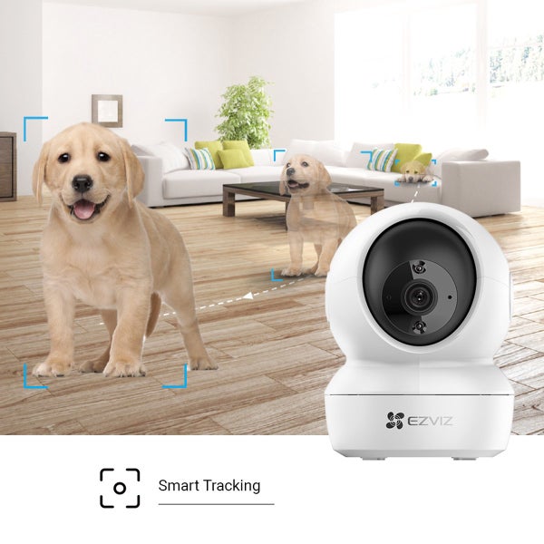 Intelligente Überwachungskamera mit Smart Tracking Funktion und EZVIZ Logo, die einen Hund im Wohnzimmer verfolgt.