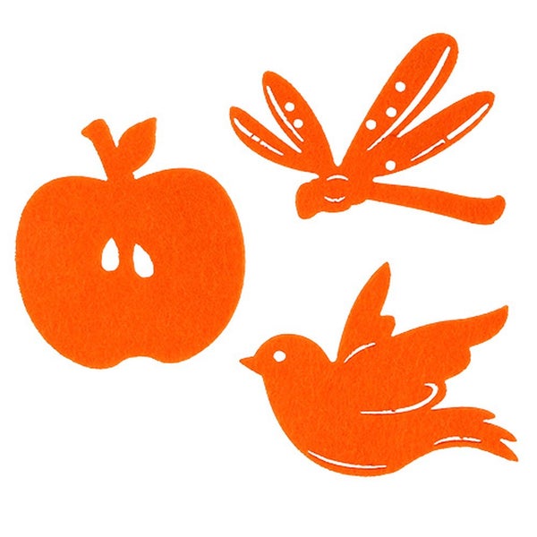 Dekorative Filzfiguren in Apfel-, Vogel- und Libellengestalt