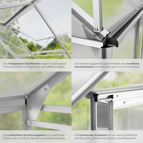 Nahaufnahme von Details eines Gewächshauses: Dachfenster, Stegplatten, Aluminiumrahmen und Schiebetür
