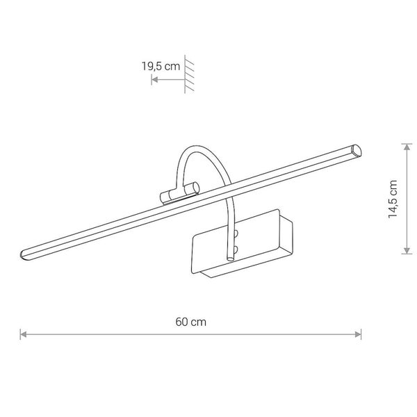 Technische Zeichnung einer Bilderleuchte mit den Maßen 60 cm Breite, 14,5 cm Höhe und 19,5 cm Tiefe.