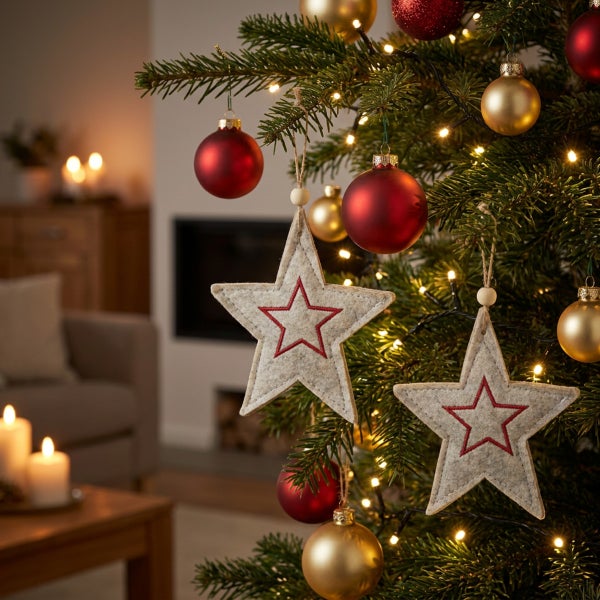 Geschmückter Weihnachtsbaum mit Filzsternen und Weihnachtskugeln in einem gemütlichen Wohnzimmer mit Kamin im Hintergrund