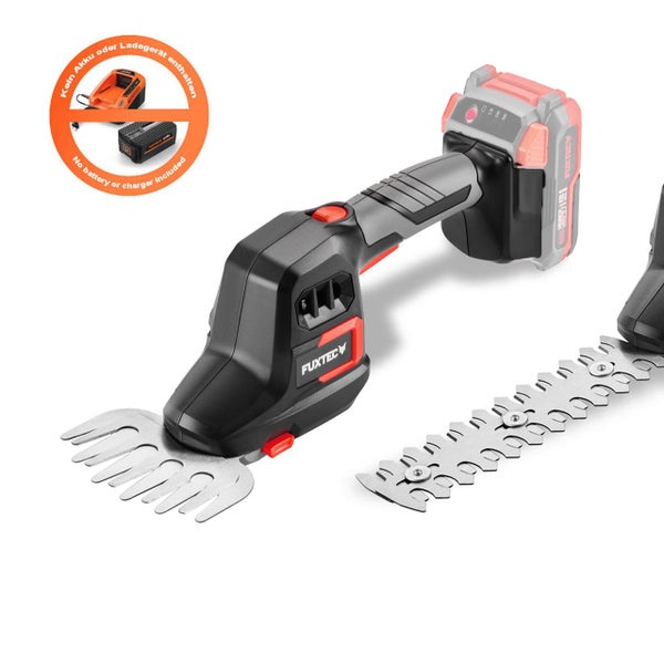 Fuxtec Akku-Gras- und Strauchschere mit ergonomischem Griff, zwei Aufsätzen und Hinweis, dass kein Akku und Ladegerät enthalten sind.