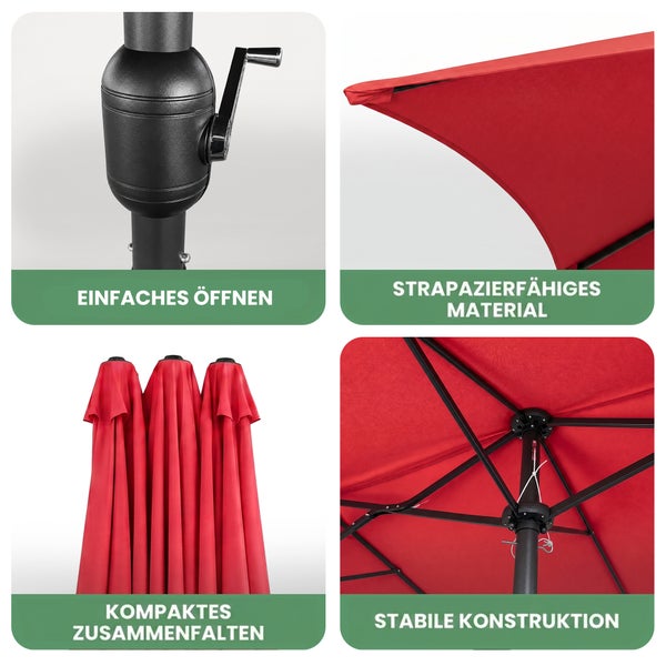 Detailansichten eines Sonnenschirms mit Kurbel zum Öffnen, strapazierfähigem Stoff, kompaktem Faltmechanismus und stabiler Metallkonstruktion.