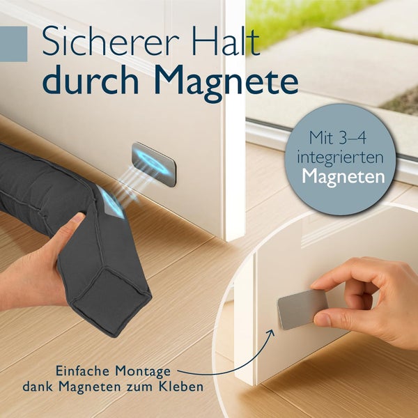 Magnetischer Türluftstopper aus grauem Stoff an einer weißen Tür. Eine Detailansicht zeigt das Aufkleben der Metallplatten zur Montage.