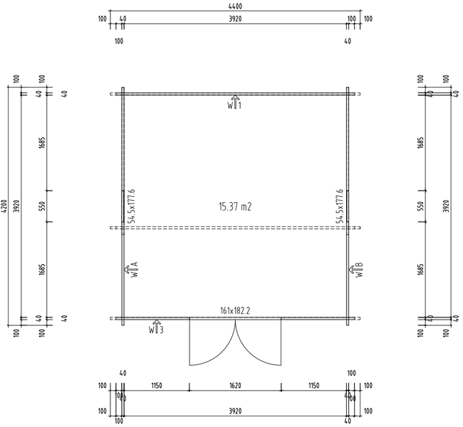 Technischer Grundrissplan eines Gartenhauses mit 15,37 Quadratmetern Grundfläche inklusive detaillierter Bemaßung der Wände und Türen.