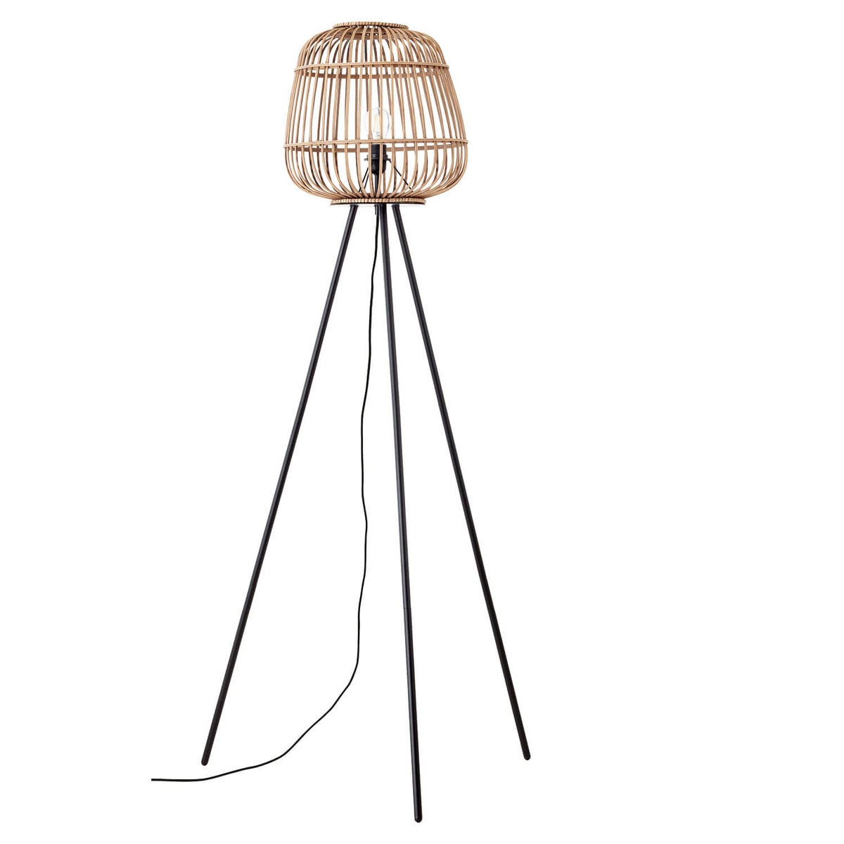 Stehlampe im Boho Style mit Rattan 'Die Natürliche', Dreibein Lampe in braun, Bambus, Korb bzw. Holz Optik, Lampenschirm aus Korbgeflecht fürs Wohnzimmer und Schlafzimmer