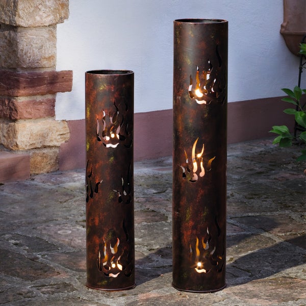 FRANK FLECHTWAREN | Windlicht-Säule Flammen, 2er Set, METALL, Ø 18 x 80 cm, Ø 20 x 99 cm, Kerzenhalter Ø 12 cm, ohne Kerzen