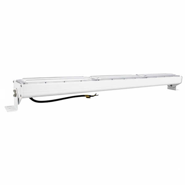 Lineare LED-Wandfluter-Leuchte mit weißem Gehäuse und Halterungen.