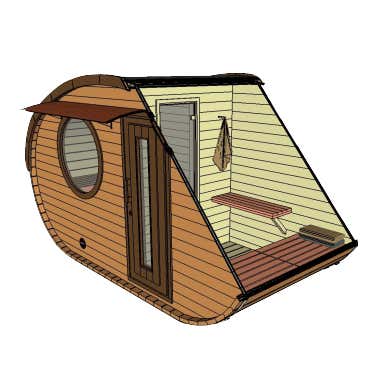 Moderne Fasssauna aus Holz für den Garten mit rundem Fenster, Glastür und Inneneinrichtung bestehend aus Holzbank und Saunaofen.