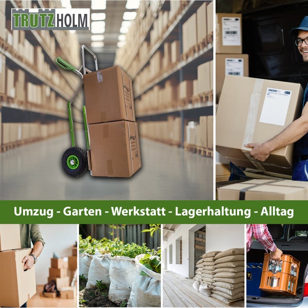 Trutzholm Sackkarre mit zwei Kartons in einem Warenlager, umgeben von Anwendungsszenen für Umzug, Garten, Werkstatt und Transport.