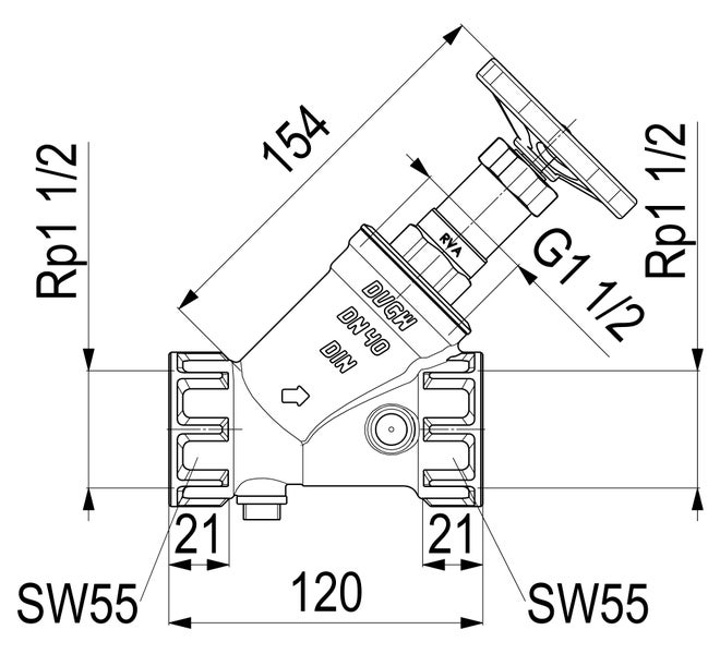 Technische Zeichnung eines Schrägsitzventils DN 40, Rp 1 1/2 Zoll, Länge 120 Millimeter, Höhe 154 Millimeter, Schlüsselweite 55.