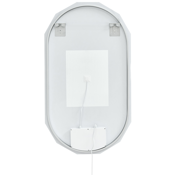 Rückseite eines ovalen LED-Badspiegels mit Wandhalterungen, Heizfolie und Anschlussbox.