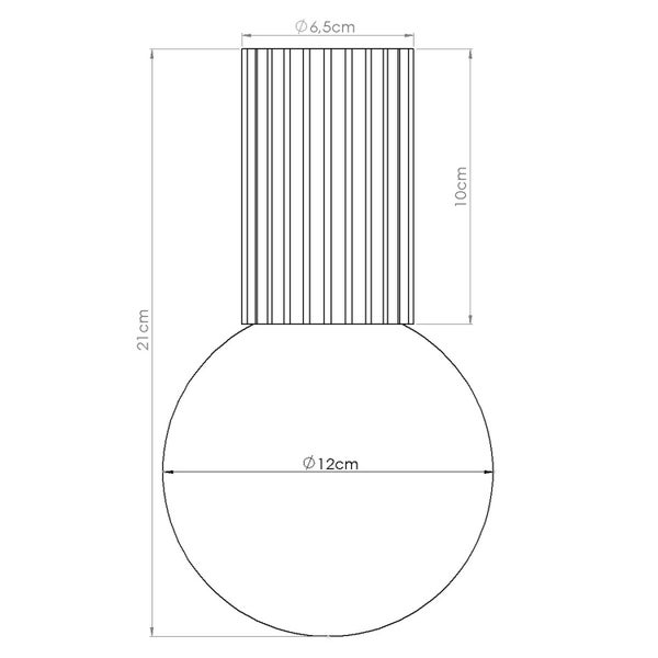 Technische Zeichnung einer Leuchte mit Maßen: Gesamthöhe 21 Zentimeter, oberer Durchmesser 6,5 Zentimeter und Kugeldurchmesser 12 Zentimeter.