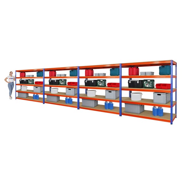PROREGAL Mega Deal 4x Profi Schwerlastregal Bison HxBxT 200 x 200 x 60 cm 5 Fachböden Fachlast 600 kg Blau-Orange