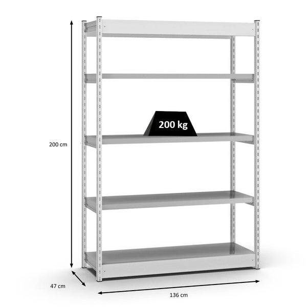 PROREGAL Fachbodenregal Stecksystem Vierkant-Profil Grundregal HxBxT 200 x 132,5 x 40 cm 5 Ebenen Einseitige Bauart Fachlast 200 kg Lichtgrau