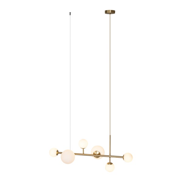 Moderne Pendelleuchte mit sechs Glaskugeln und Metallelementen