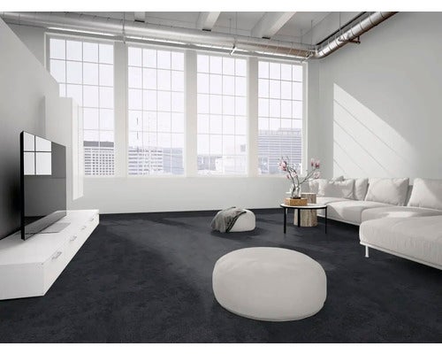 Modernes, helles Wohnzimmer im Loft-Stil mit dunkelgrauem Teppichboden, weißem Sofa und großen Fensterfronten.