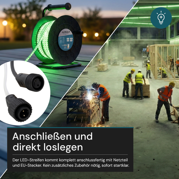 LED-Streifen auf Kabeltrommel mit Luxula-Logo, grünem Licht, Steckverbinder und Anwendungsszene auf einer Baustelle mit Bauarbeitern.