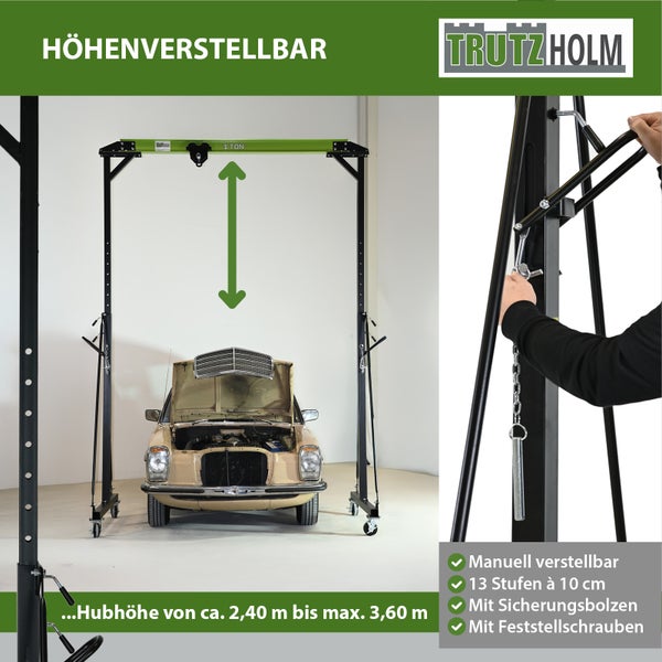 TrutzHolm Werkstattkran mit einem Auto darunter, höhenverstellbar von circa 2,40 Meter bis maximal 3,60 Meter
