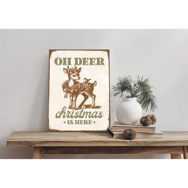 Blechschild, Alu-Dibond, Retro Wandbild Weihnachten Reh und Spatz STA2488 in 20x30cm inkl. Lochbohrung