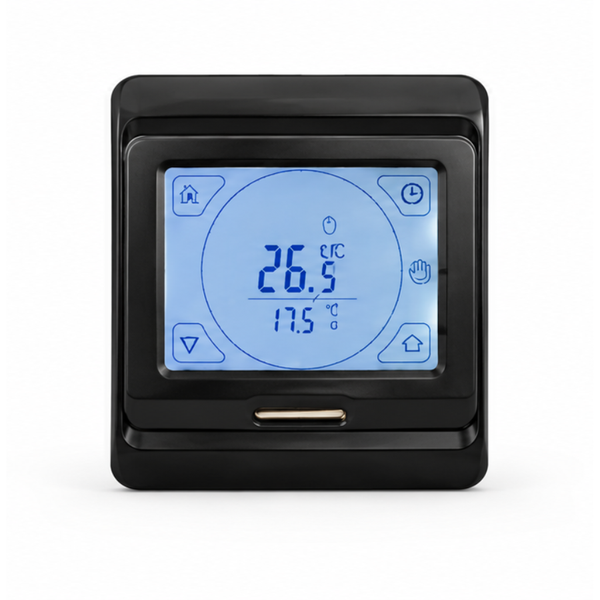 Digitaler Thermostat mit beleuchtetem Display zur Temperaturregelung.