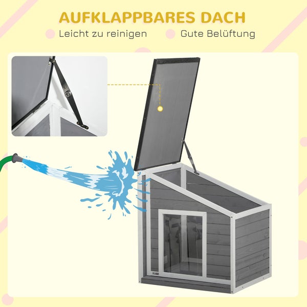 Hundehütte mit aufklappbarem Dach zur einfachen Reinigung und guter Belüftung