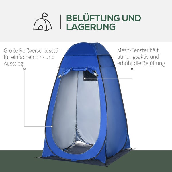 Wurfzelt für Umkleide oder Dusche mit großer Reißverschlusstür und Mesh-Fenster zur Belüftung und Lagerung.
