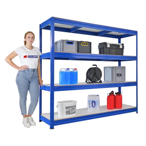 Blaues Schwerlastregal mit vier Regalböden, beladen mit Lagerboxen und Behältern