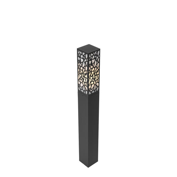 Moderne schwarze Wegeleuchte für den Garten in Säulenform mit dekorativem Lochmuster.