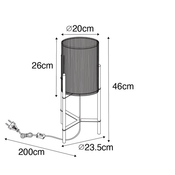 Technische Zeichnung einer Stehlampe mit Maßen.