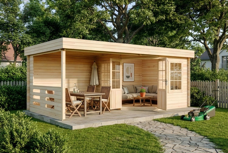 Modernes Gartenhaus aus Holz mit Flachdach, integrierter Terrasse mit Sitzmöbeln und verglastem Innenraum mit Ecksofa im hellen Garten.