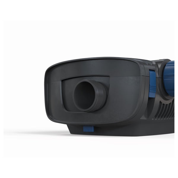 Dunkelgraue Teichpumpe aus Kunststoff mit rundem Schlauchanschluss.