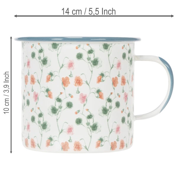 Becher mit Blumenmuster, Höhe 10 Zentimeter, Breite 14 Zentimeter.
