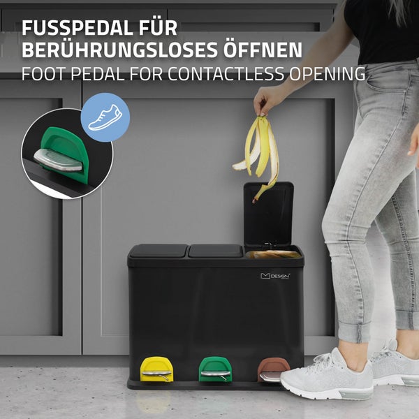 ML-Design Mülleimer Küche 3x 8L (24Liter), Schwarz, Mülltrennsystem 3 Fächer, Treteimer zur Mülltrennung, Abfalleimer aus Stahl mit Inneneimer aus Kunststoff & Klappdeckel, farblicher Kennzeichnung
