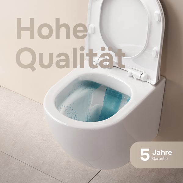 Wandhänge WC mit Spülung, inklusive fünf Jahren Garantie.