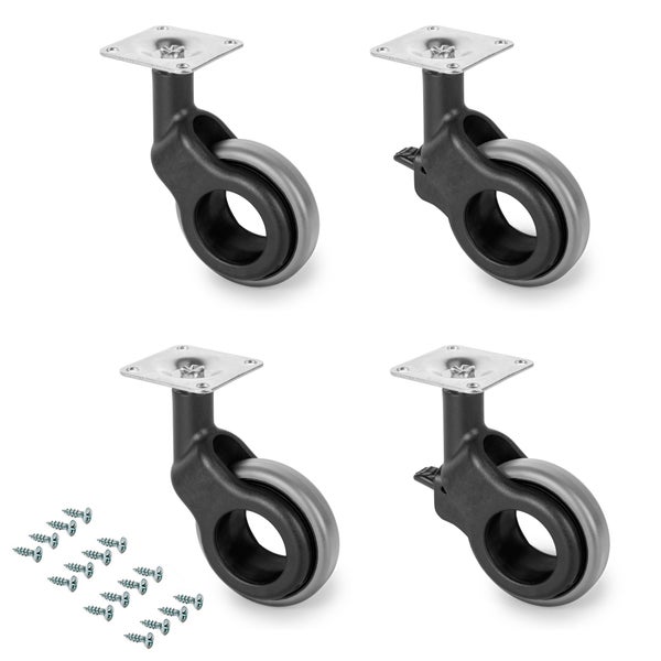 Set aus 4 Möbelrollen, 2 Lenkrollen mit Bremse und 2 ohne Bremse, Ringdesign, mit Anschraubplatte und Schrauben.