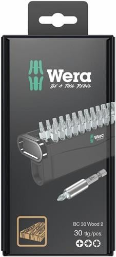 Wera Bit Check 30 Wood 2 Set mit 30 Teilen inklusive Bithalter in einer Kunststoffbox zur Holzbearbeitung.