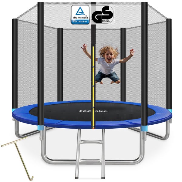 TecTake Gartentrampolin mit Sicherheitsnetz, Leiter und Federspanner. Ein springendes Kind auf der Matte. Mit TÜV Rheinland Siegel und GS Zeichen.
