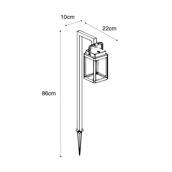 Zeichnung einer Gartenlaterne mit Erdspieß und Maßangaben: Höhe 86 Zentimeter, Breite 22 Zentimeter, Tiefe 10 Zentimeter.