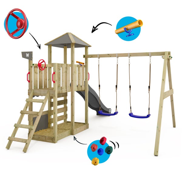WICKEY Spielturm Klettergerüst Smart Savana mit Schaukel und Rutsche, Spielhaus mit Kletterleiter und Spiel-Zubehör – anthrazit